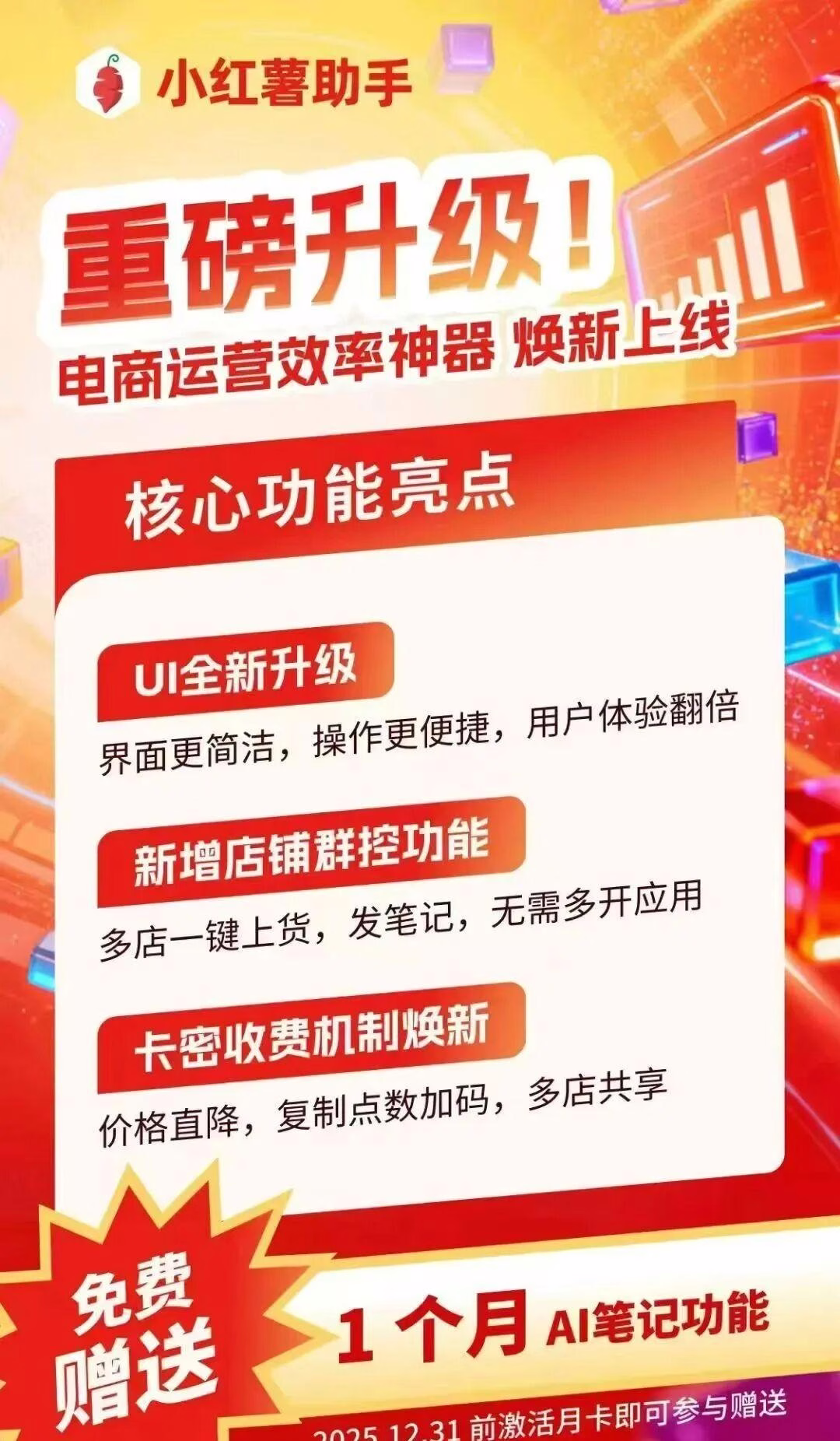 小红薯助手：多店运营更高效，买月卡送AI笔记